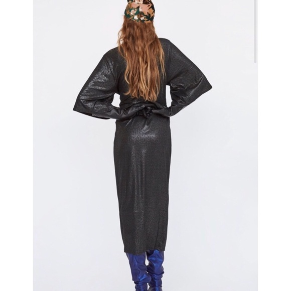 Zara Front Knot Twist Midi Metallic Black Dress - Picture 3 of 10